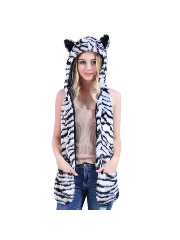 Women 3-in-1 Faux Fur Animal Hood Scarf with Glove Pocket Winter Soft Warm Fuzzy Furry Hoodie Ear Flaps Hat, Scarf & Mitten Combo