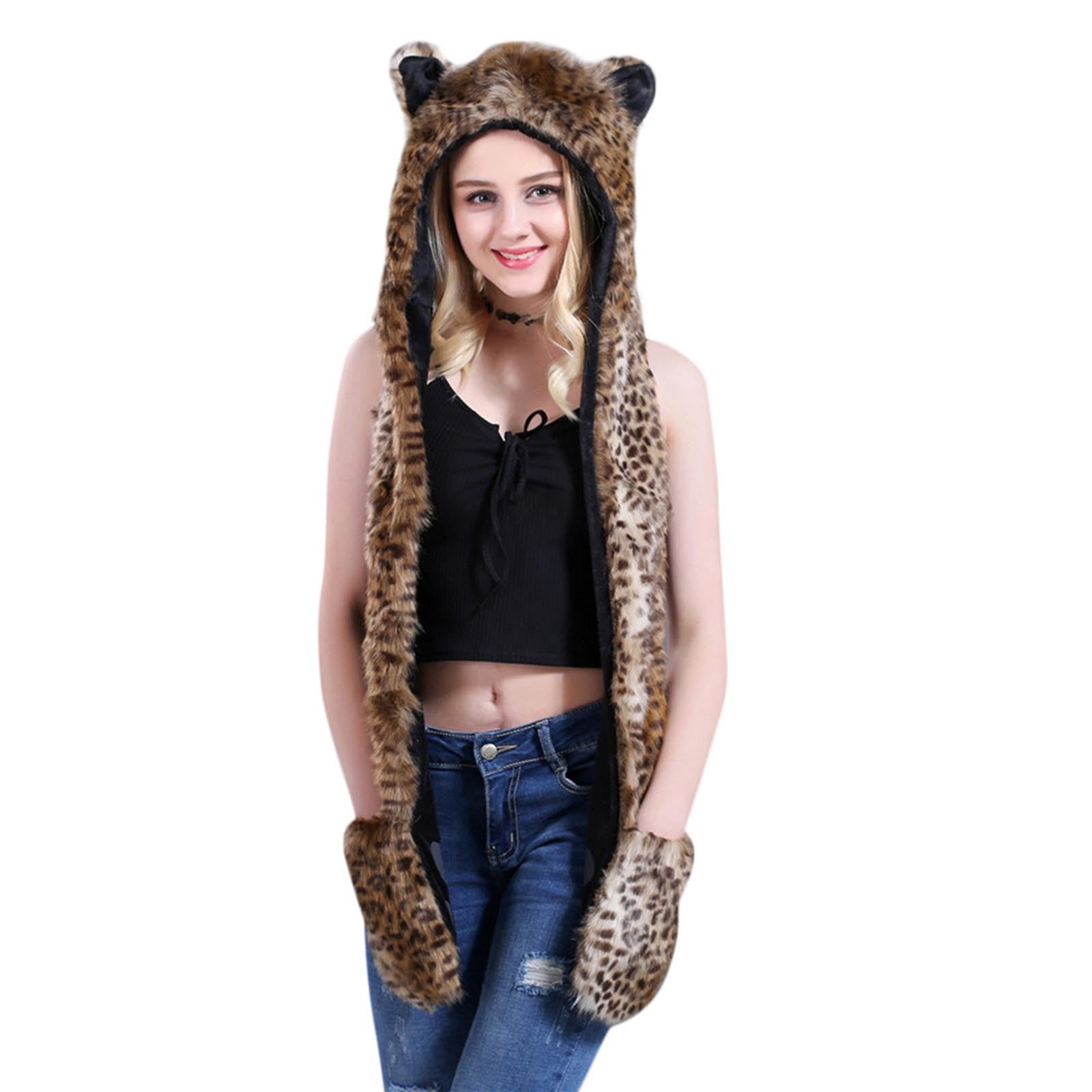 Lolmot Women 3-in-1 Faux Fur Animal Hood Scarf with Glove Pocket Winter ...