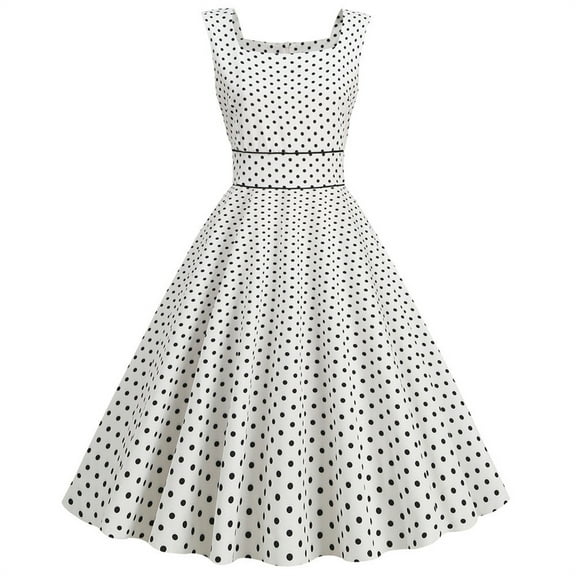 Lolmot Women 50s 60s Vintage Sleeveless Polka Dot Solid Color Cocktail Swing Dress Retro Audrey Hepburn Evening Rockabilly Prom Party Dress Formal A-line Mid-Length Dress