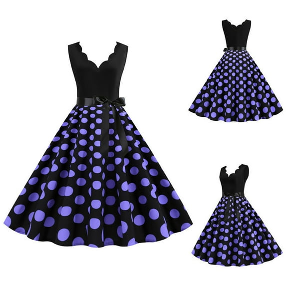 Lolmot Women 50s 60s Vintage Sleeveless Polka Dot Solid Color Cocktail Swing Dress Retro Audrey Hepburn Evening Rockabilly Prom Party Dress Formal A-line Mid-Length Dress