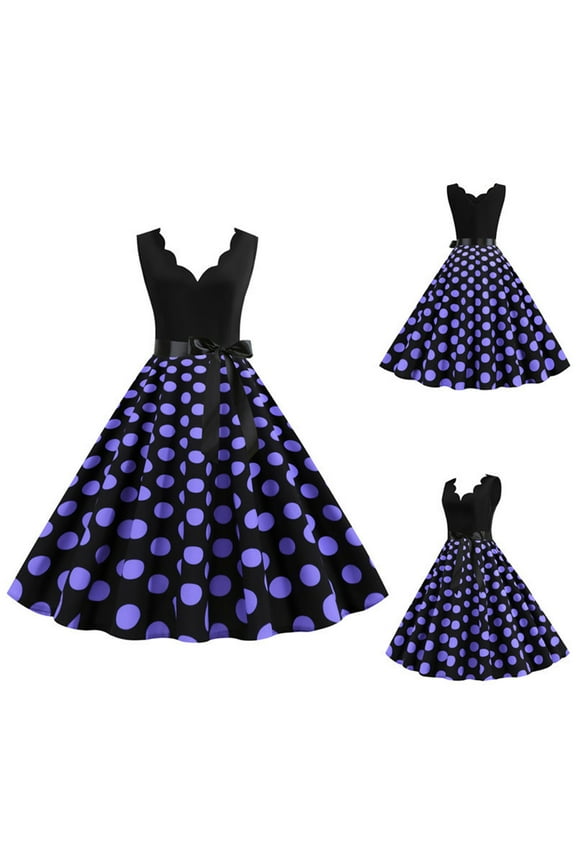 Lolmot Women 50s 60s Vintage Sleeveless Polka Dot Solid Color Cocktail Swing Dress Retro Audrey Hepburn Evening Rockabilly Prom Party Dress Formal A-line Mid-Length Dress