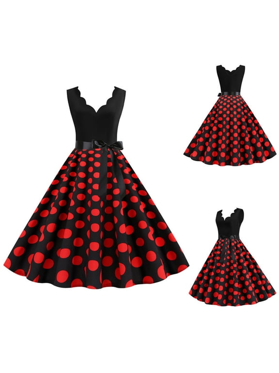 Women 50s 60s Vintage Sleeveless Polka Dot Solid Color Cocktail Swing Dress Retro Audrey Hepburn Evening Rockabilly Prom Party Dress Formal A-line Mid-Length Dress