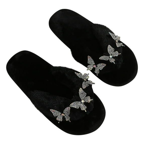 Lolmot Women Autumn/Winter Furry Indoor Floor Slippers Fashion House Slippers Faux Fur Warm Shoes Plush Furry Open Toe Slide Slipper Flip-Flops