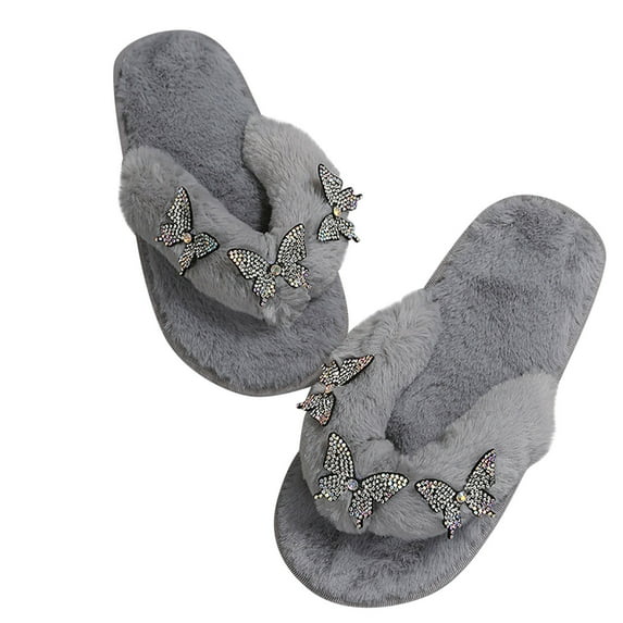 Lolmot Women Autumn/Winter Furry Indoor Floor Slippers Fashion House Slippers Faux Fur Warm Shoes Plush Furry Open Toe Slide Slipper Flip-Flops