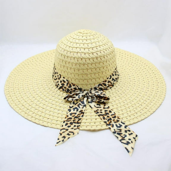 Lolmot Women Beach Hat Big Brim Straw Hat Sun Floppy Wide Brim Travel Hats Leopard Print Bowknot Summer Beach Cap Panama Hat Sun Protection Hat