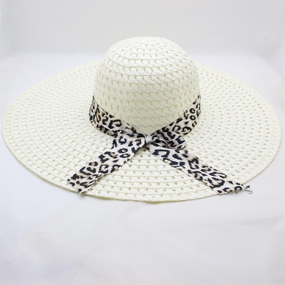 Lolmot Women Beach Hat Big Brim Straw Hat Sun Floppy Wide Brim Travel Hats Leopard Print Bowknot Summer Beach Cap Panama Hat Sun Protection Hat