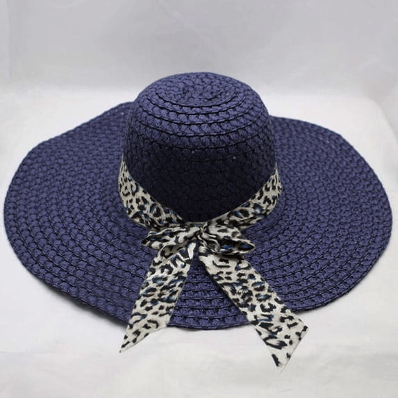 Lolmot Women Beach Hat Big Brim Straw Hat Sun Floppy Wide Brim Travel Hats Leopard Print Bowknot Summer Beach Cap Panama Hat Sun Protection Hat