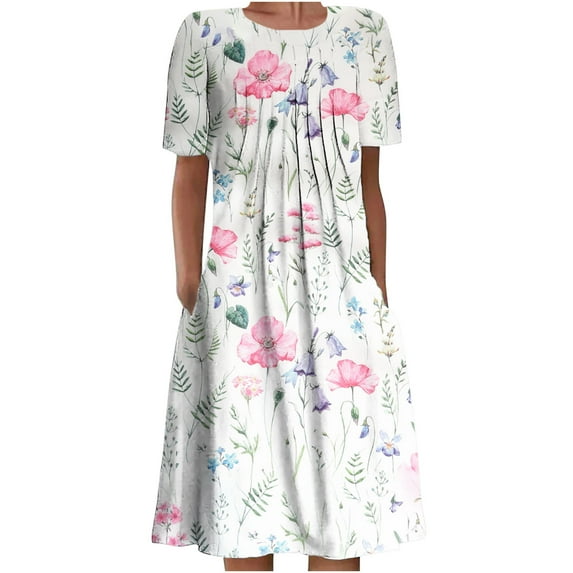 Lolmot Women Casual Loose Bohemian Floral Pleated Dress with Pockets,Short Sleeve Knee Length Maxi Summer Beach Swing Dress