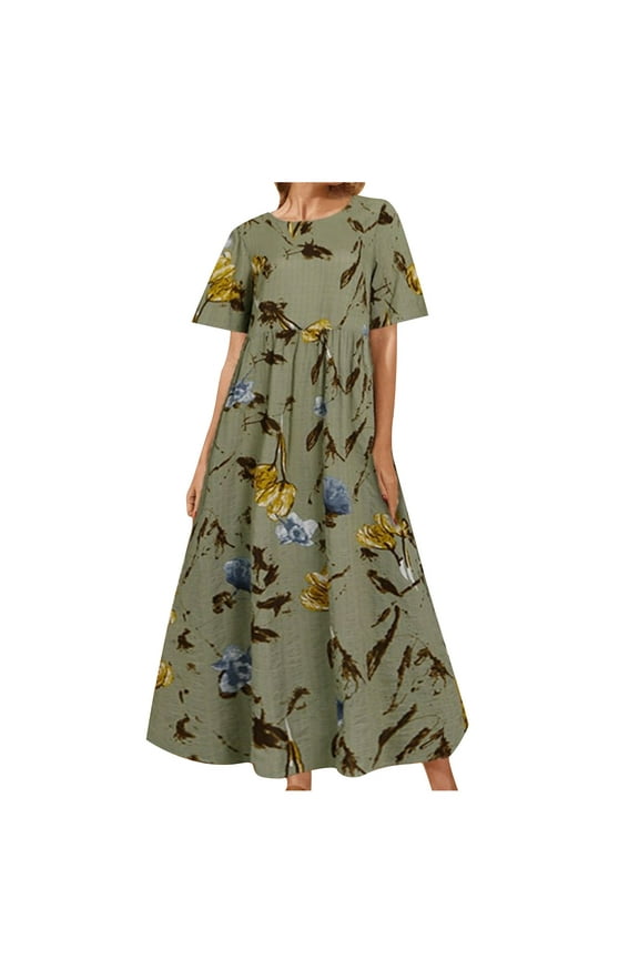 Lolmot Women Casual Loose Bohemian Retro Floral Print Dresses Short Sleeve O-Neck Summer Beach Swing Dress