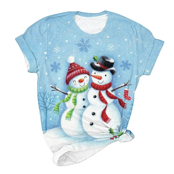 Lolmot Women Christmas Shirt Cartoon Snowman Santa Christmas Tree Graphic Tee Plus Size Casual O-Neck Short Sleeve Tunic T-Shirts
