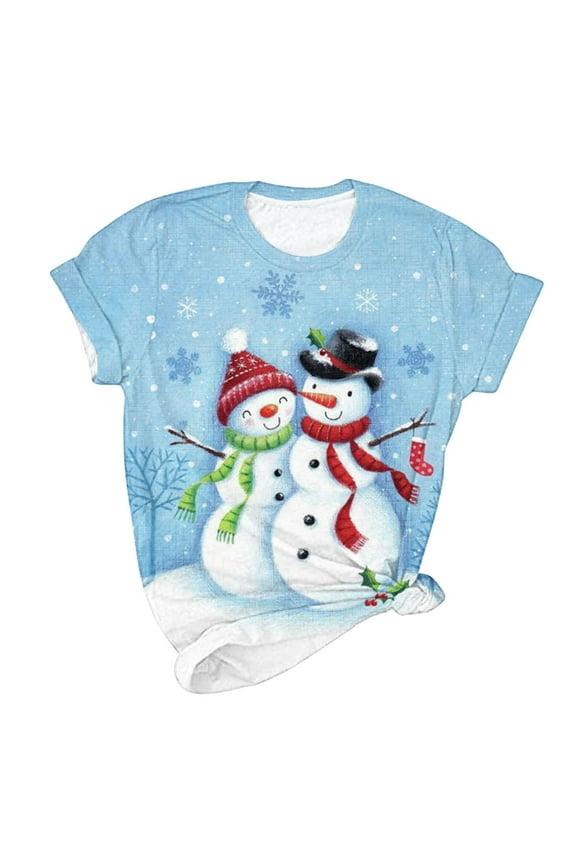 Lolmot Women Christmas Shirt Cartoon Snowman Santa Christmas Tree Graphic Tee Plus Size Casual O-Neck Short Sleeve Tunic T-Shirts