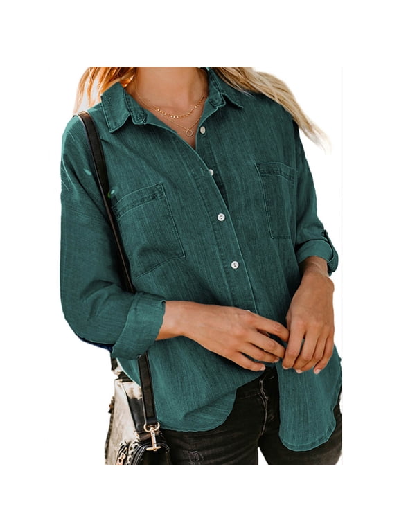 Lolmot Women Denim Shirt Collared Back Split Jean Shirts Long Sleeve Button Down Popular Blouses with Pockets Classic Basic Solid Blouse Jacket