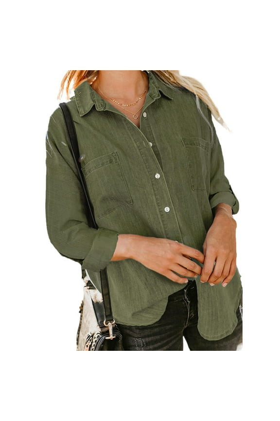 Lolmot Women Denim Shirt Collared Back Split Jean Shirts Long Sleeve Button Down Popular Blouses with Pockets Classic Basic Solid Blouse Jacket