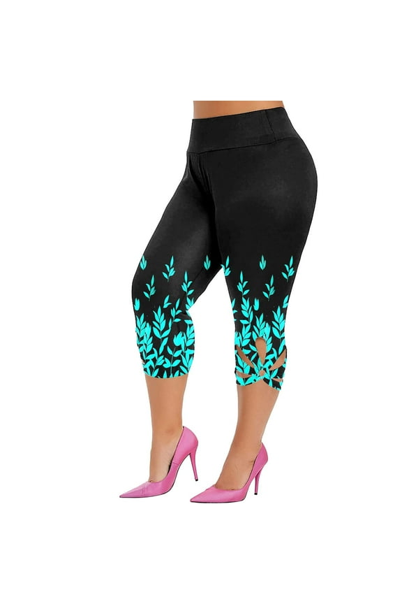 Women Fashion Hollow Design Print Plus Size High Waist Tummy Control Leggings Capri Pants Stretch Leggings Workout Pant Compression Yoga Pants
