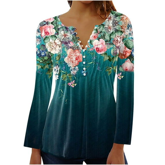 Lolmot Women Fashion Summer Sexy Fold Printed Regular Women Long Sleeves V Neck Button Top