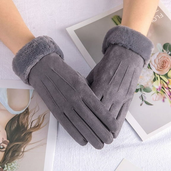 Lolmot Women Gloves Winter Plush Thickened Touch Screen Suede Furry Warm Full Finger Lady Outdoor Sport Driving Cycling Gloves