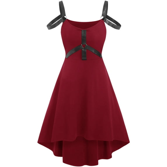 Lolmot Women Halloween Vintage Gothic Punk Dress Sleeveless Off Shoulder Cami Bandage Solid Color High Low Hem Dress Y2K Dress