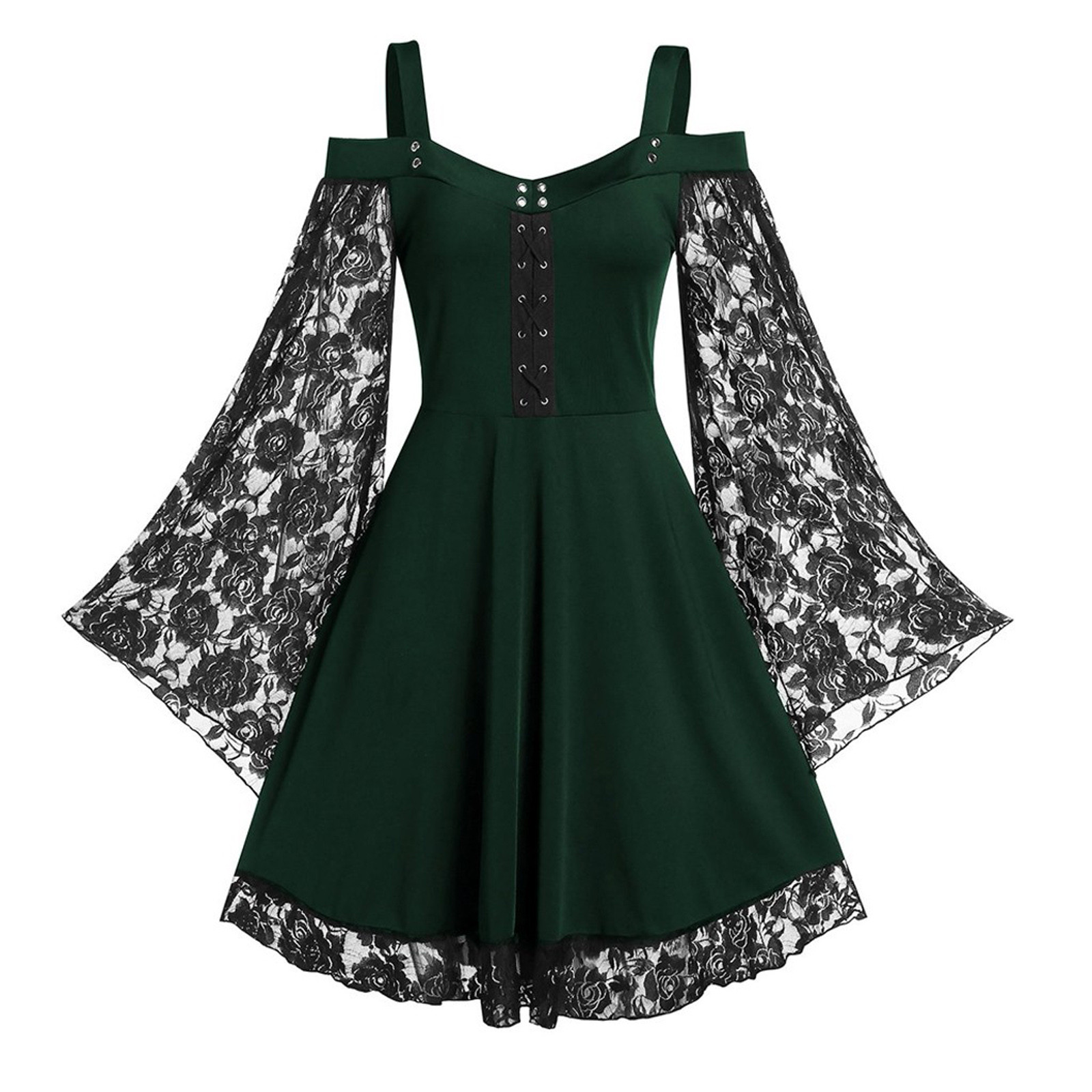 Lolmot Women Lace Goth Dress Plus Size Gothic Bandage Dress Halloween Costumes Sexy Cold Shoulder Flare Sleeve Strappy Witch Vintage Steampunk Mini Dress