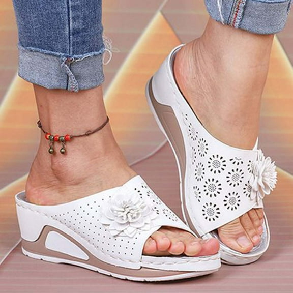 Lolmot Women Leather Soft Footbed Orthopedic Arch-Support Sandals 3D Floral Cutout Upper Vintage Bohemian Wedge Slippers Fashion Wedge Heel Fish Mouth Slippers
