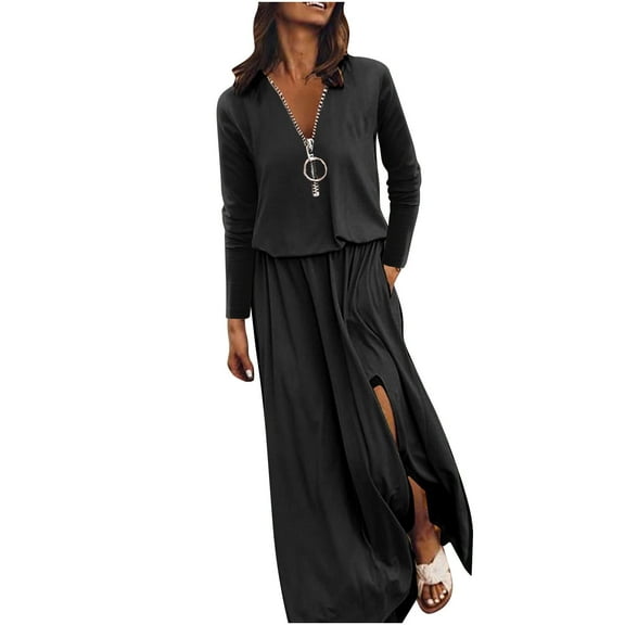 Lolmot Women Long Sleeve Casual Pure Color Fall Swing Long Dresses Daily Party Beach Round Neck Summer Sundress Holiday, Gift
