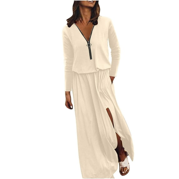 Lolmot Women Long Sleeve Casual Pure Color Fall Swing Long Dresses Daily Party Beach Round Neck Summer Sundress Holiday, Gift