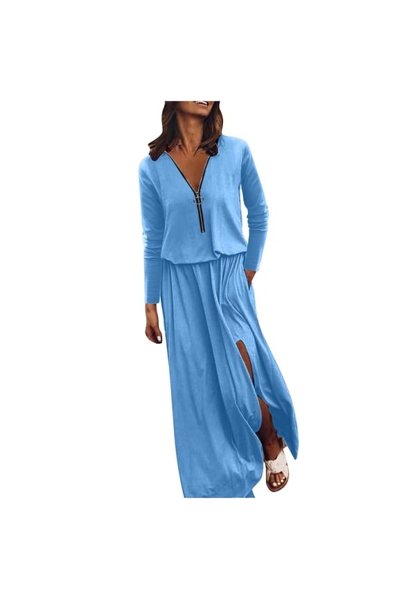 Lolmot Women Long Sleeve Casual Pure Color Fall Swing Long Dresses Daily Party Beach Round Neck Summer Sundress Holiday, Gift