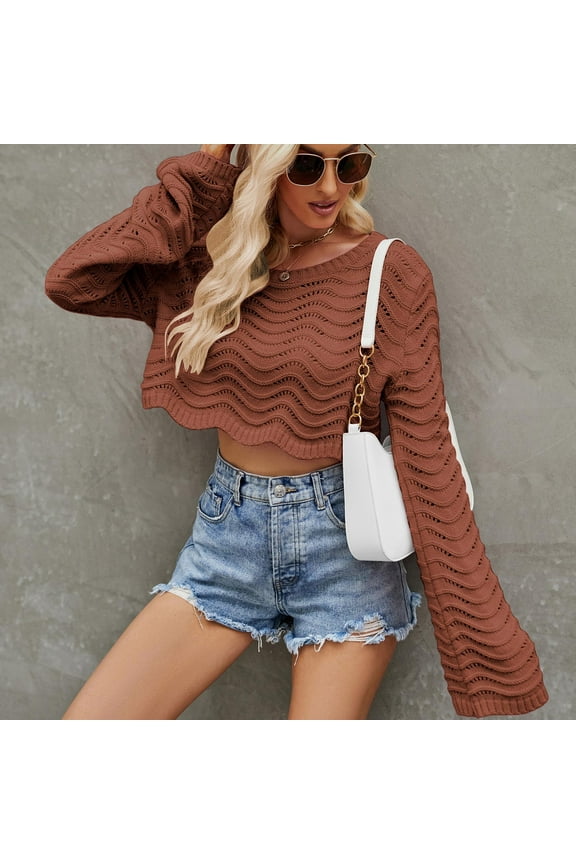 Lolmot Women Mesh Crochet Crop Top Long Sleeve Solid Color Hollow Out Knit Sweater Round Neck Y2K Tops Pullover Sweater