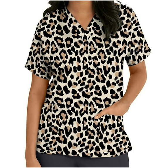 Lolmot Women Nursing Tops Workwear V-Neck Short Sleeve Flower Leopard Print Nursing Uniform Scrubs Tops with Pockets