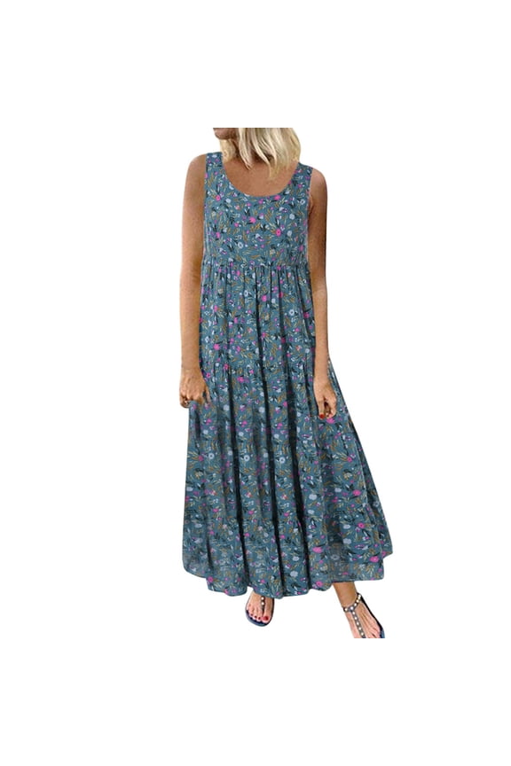 Lolmot Women Plus Size Dress Summer Casual Loose O-Neck Sleeveless Ethnic Wind Printed Cotton Linen Bohemian Long Maxi Dress Flowy Sun Dress