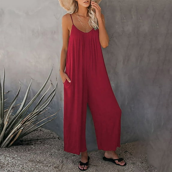 Lolmot Women Plus Size One Piece Jumpsuits Casual Loose Sleeveless Spaghetti Straps Wide Leg Overalls Summer Backless V Neck Rompers with Pockets on Clearance