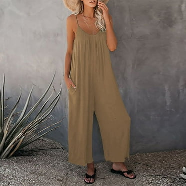 Lolmot Women Plus Size One Piece Jumpsuits Casual Loose Sleeveless Spaghetti Straps Wide Leg Overalls Summer Backless V Neck Rompers with Pockets on Clearance