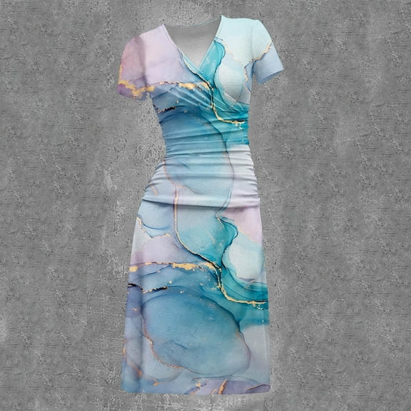 Lolmot Women Retro Floral Print Ruched High Waist Sheath Dress Fashion Wrap V-Neck Short Sleeve Casual Summer Mid Dresses Formal Dresses