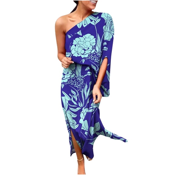 Lolmot Women Summer Fashion Sexy One Shoulder Printed Loose Half Slitted Hem Sleeve Plus Size Dresses