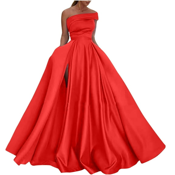 Lolmot Women Temperament Off the Shoulder Prom Dress Camis Swing Long Ball Dresses Wedding Dress Sexy High Slit Satin A Line Formal Evening Gowns Cocktail Dresses