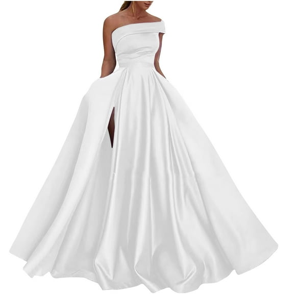 Lolmot Women Temperament Off the Shoulder Prom Dress Camis Swing Long Ball Dresses Wedding Dress Sexy High Slit Satin A Line Formal Evening Gowns Cocktail Dresses