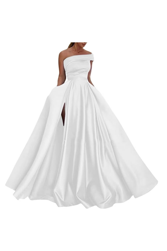 Lolmot Women Temperament Off the Shoulder Prom Dress Camis Swing Long Ball Dresses Wedding Dress Sexy High Slit Satin A Line Formal Evening Gowns Cocktail Dresses