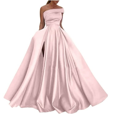 Lolmot Women Temperament Off the Shoulder Prom Dress Camis Swing Long Ball Dresses Wedding Dress Sexy High Slit Satin A Line Formal Evening Gowns Cocktail Dresses