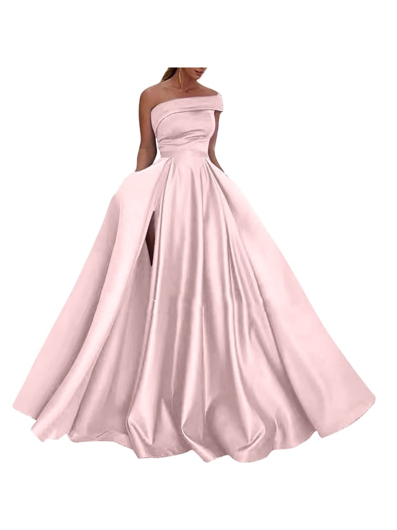Lolmot Women Temperament Off the Shoulder Prom Dress Camis Swing Long Ball Dresses Wedding Dress Sexy High Slit Satin A Line Formal Evening Gowns Cocktail Dresses
