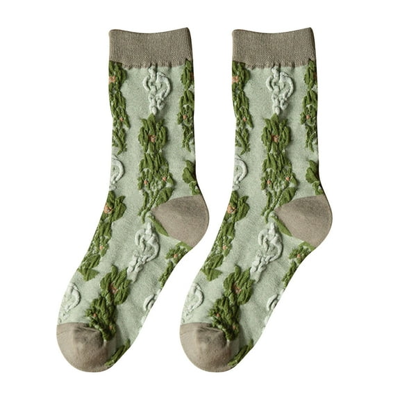 Lolmot Women Vintage Green Floral Patterned Crew Socks Novelty Cozy Flower Jacquard Cotton Mid-Calf Socks