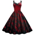 thumbnail image 1 of Lolmot Women Vintage Halloween Dress V-Neck Owls Pumpkins Spider Webs Black Castle Bats Print Double Strap Sling Sexy A-Line Swing Dress Gown Dresses Cocktail Dress, 1 of 1