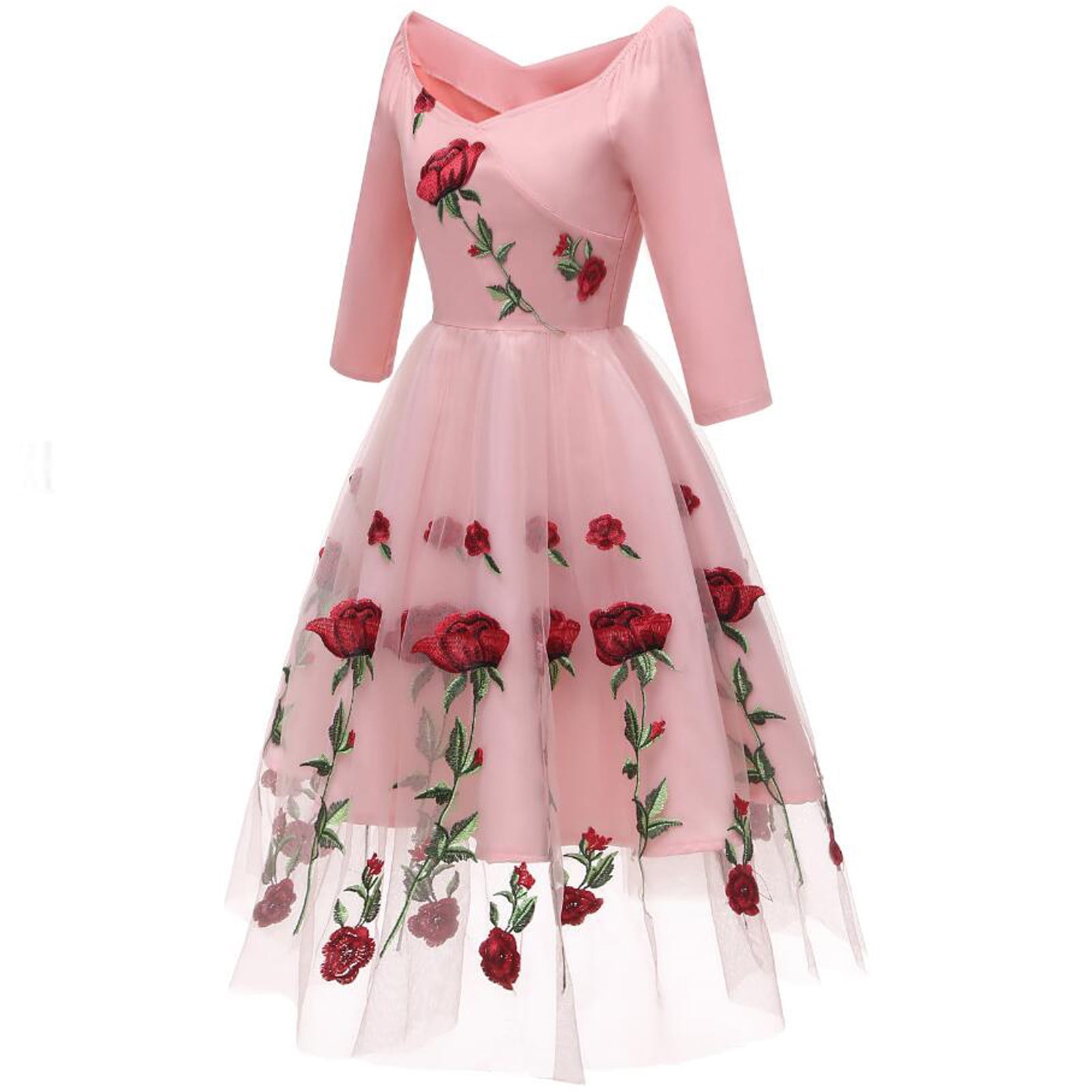 Lolmot Women Vintage Off the Shoulder Rose Embroidered