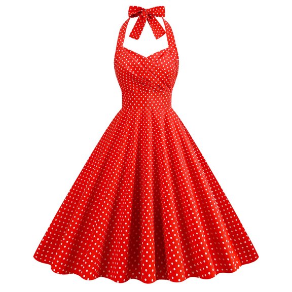 Lolmot Women Vintage Polka Dot Plaid 1950s Rockabilly Halter Audrey Dress Retro A Line Knee Length Dress Evening Cocktail Swing Dress