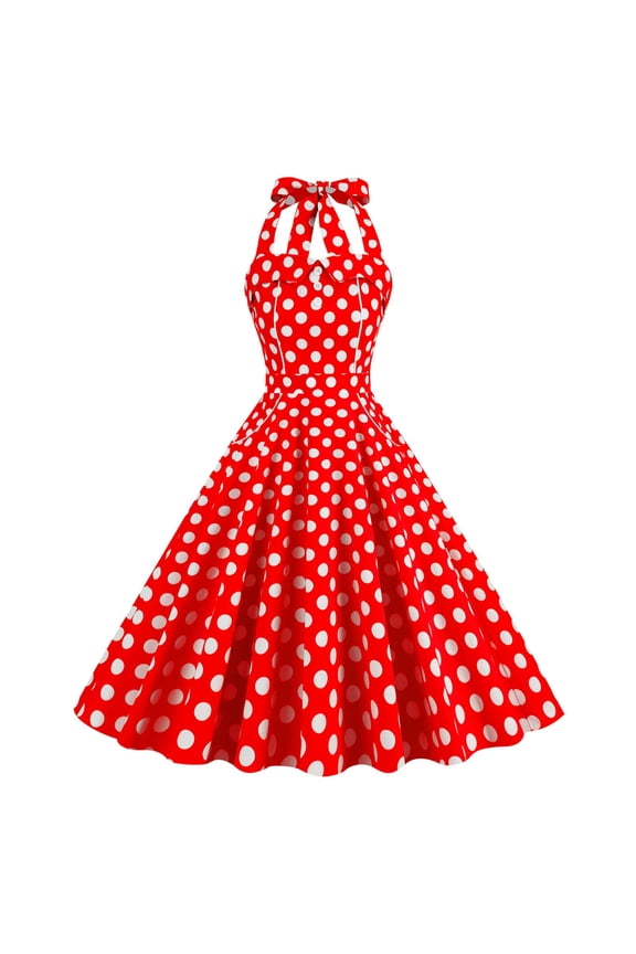 Women Vintage Polka Dot Plaid 1950s Rockabilly Halter Audrey Dress Retro A Line Knee Length Dress Evening Cocktail Swing Dress