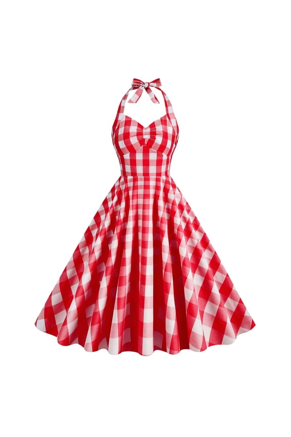 Women Vintage Polka Dot Plaid 1950s Rockabilly Halter Audrey Dress Retro A Line Knee Length Dress Evening Cocktail Swing Dress