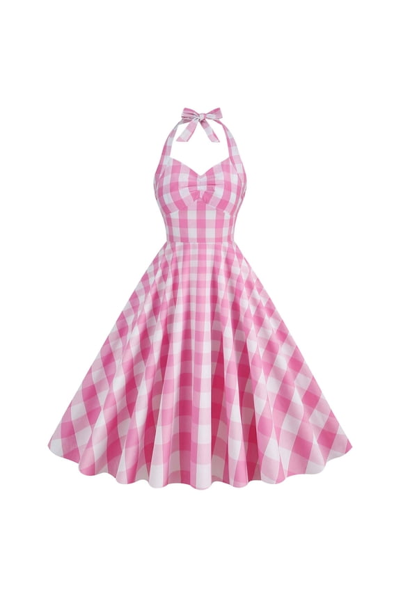 Women Vintage Polka Dot Plaid 1950s Rockabilly Halter Audrey Dress Retro A Line Knee Length Dress Evening Cocktail Swing Dress