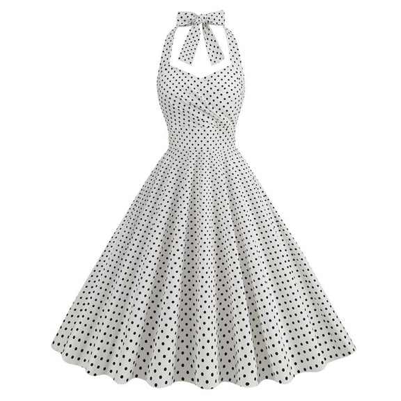 Lolmot Women Vintage Polka Dot Plaid 1950s Rockabilly Halter Audrey Dress Retro A Line Knee Length Dress Evening Cocktail Swing Dress