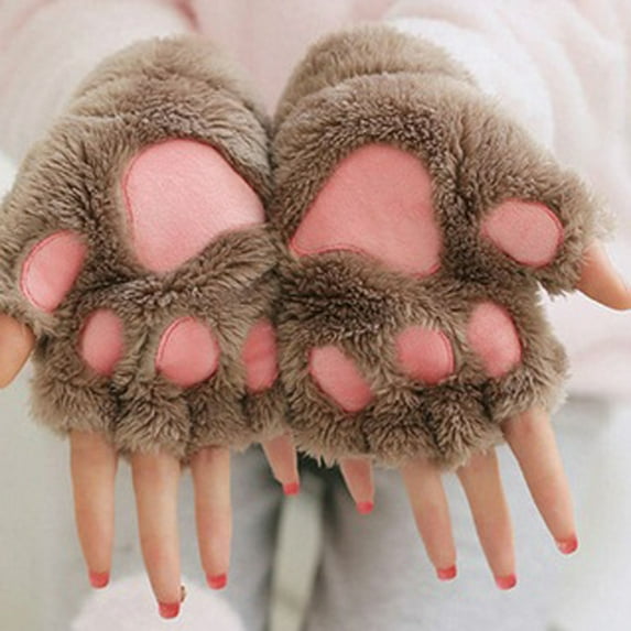 Lolmot Women Winter Plus Warm Keep Gloves Half-Finger Thickening Flip Velvet Gloves Cute Cat Fingerless Convertible Gloves