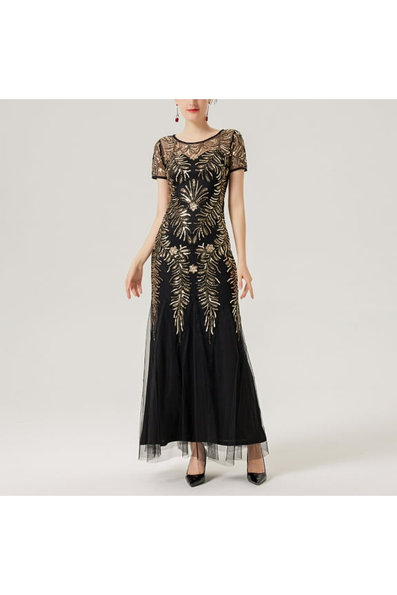 Lolmot Women's 1920s Vintage Sequins Mesh Gatsby Flapper Dress Short Sleeve Mermaid Hem Formal Wedding Evening Gowns Party Cocktail Dresses