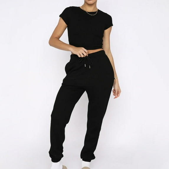 Lolmot Women's 2 Pieces Outfits Crew Neck Short Sleeve Pullover Shirts Tops and Drawstring Pockets Long Sweatpants Tracksuit Jogger Set