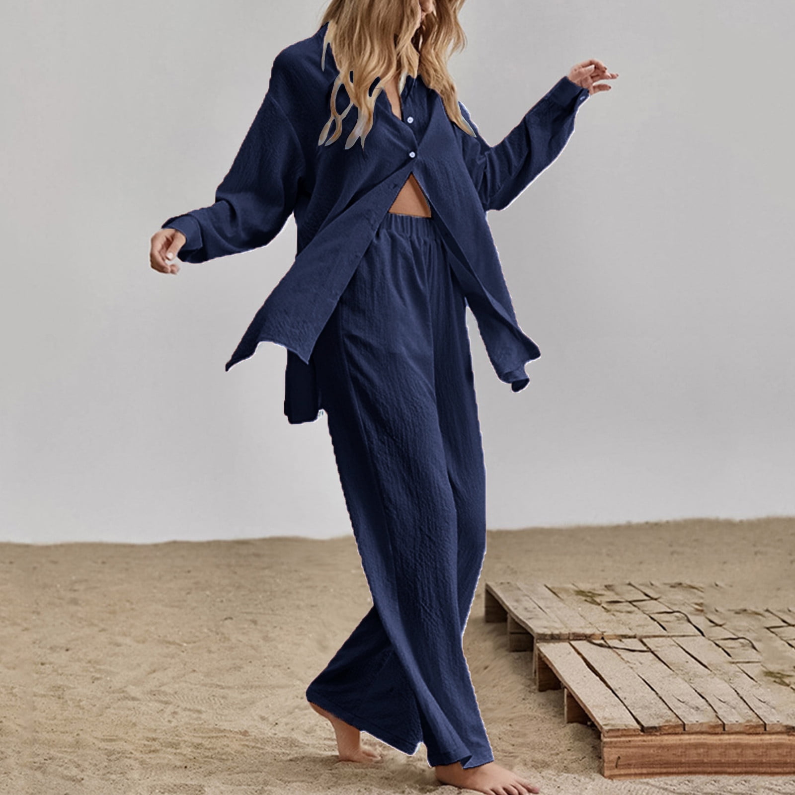 Women’s Button-Down Shirt and Wide Leg Pants Set – Two-Piece Outfit